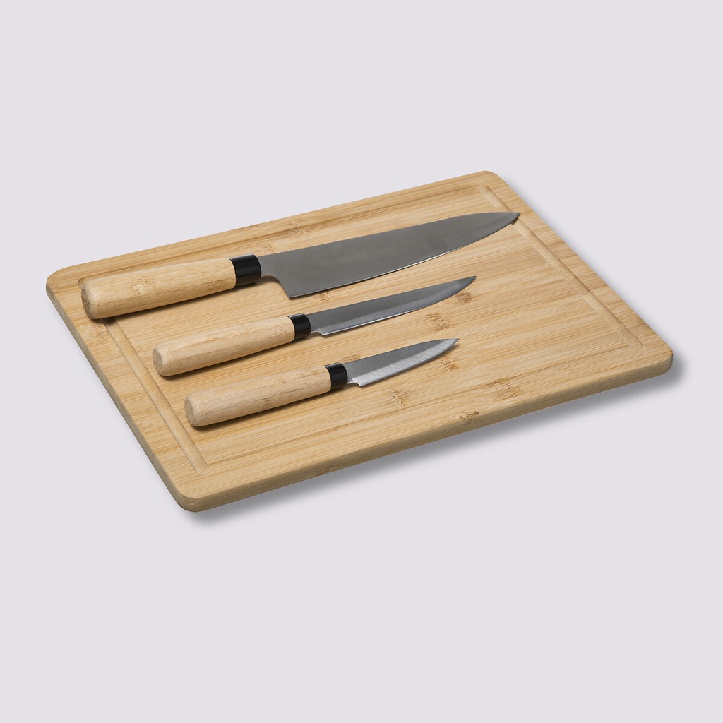 Planche à découper en bambou avec lot de 3 couteaux