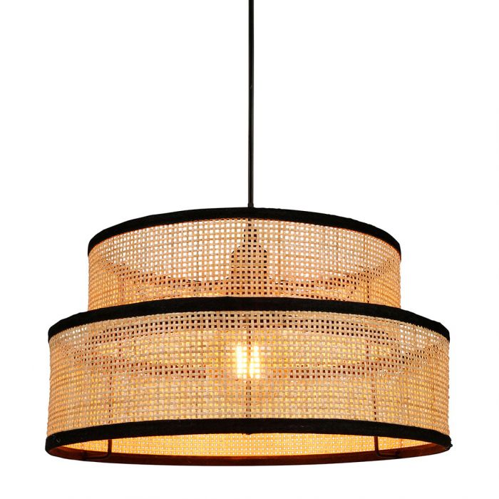 Suspension gigogne 2 abat-jours rotin et tissu noir