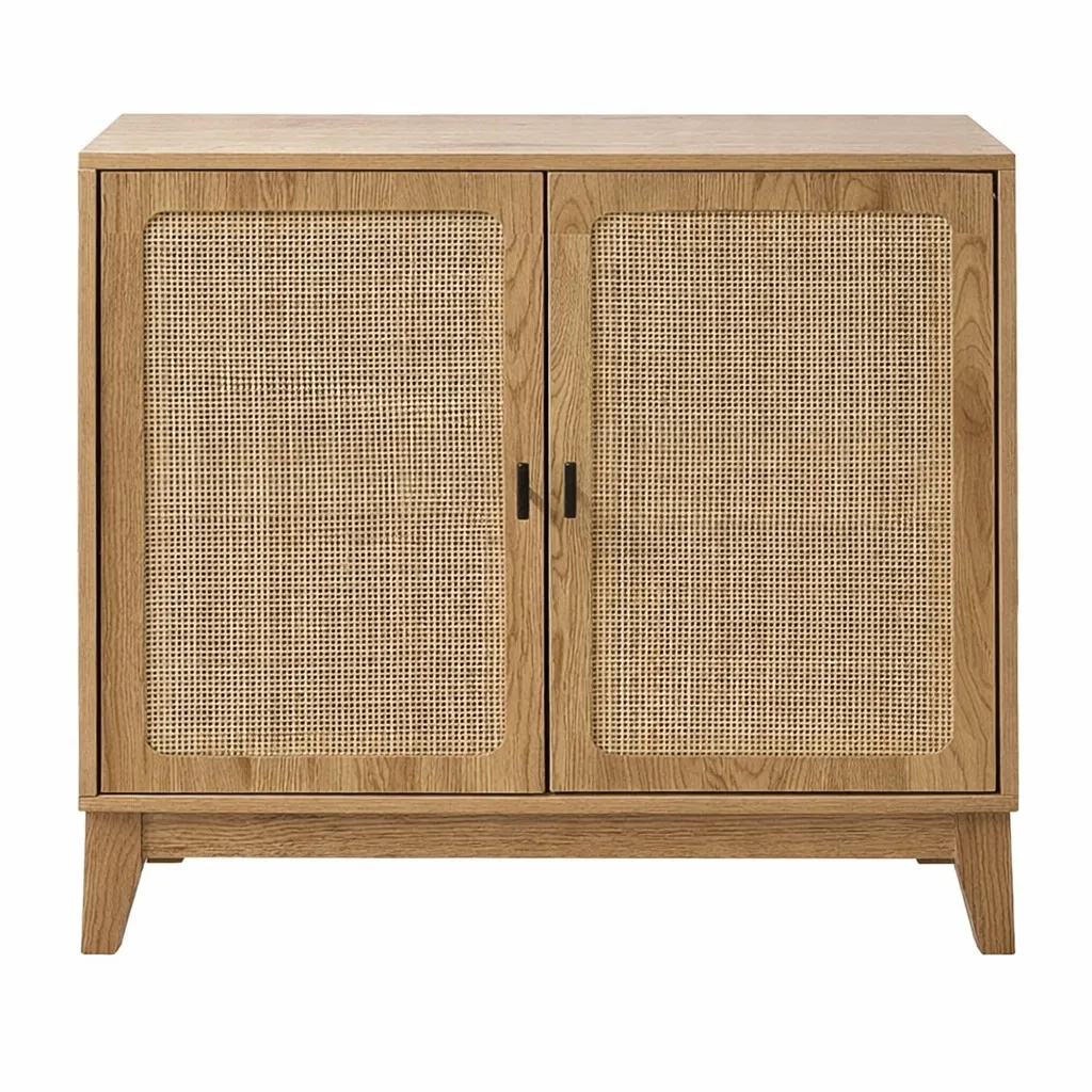 Buffet 2 portes rotin naturel et décor chêne – 80 x 35 x H 75 cm